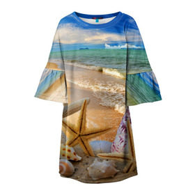 Детское платье 3D с принтом Морской пляж 2 в Екатеринбурге, 100% полиэстер | прямой силуэт, чуть расширенный к низу. Круглая горловина, на рукавах — воланы | море | отдых | отпуск | пляж | ракушки | туризм