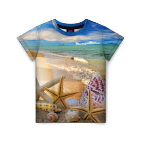 Детская футболка 3D с принтом Морской пляж 2 в Екатеринбурге, 100% гипоаллергенный полиэфир | прямой крой, круглый вырез горловины, длина до линии бедер, чуть спущенное плечо, ткань немного тянется | море | отдых | отпуск | пляж | ракушки | туризм