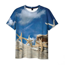 Мужская футболка 3D с принтом Морской пляж 3 в Екатеринбурге, 100% полиэфир | прямой крой, круглый вырез горловины, длина до линии бедер | море | отдых | отпуск | пляж | ракушки | туризм