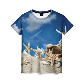 Женская футболка 3D с принтом Морской пляж 3 в Екатеринбурге, 100% полиэфир ( синтетическое хлопкоподобное полотно) | прямой крой, круглый вырез горловины, длина до линии бедер | море | отдых | отпуск | пляж | ракушки | туризм
