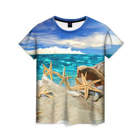 Женская футболка 3D с принтом Морской пляж 4 в Екатеринбурге, 100% полиэфир ( синтетическое хлопкоподобное полотно) | прямой крой, круглый вырез горловины, длина до линии бедер | море | отдых | отпуск | пляж | ракушки | туризм