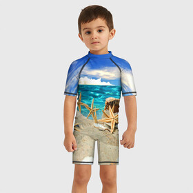 Детский купальный костюм 3D с принтом Морской пляж 4 в Екатеринбурге, Полиэстер 85%, Спандекс 15% | застежка на молнии на спине | море | отдых | отпуск | пляж | ракушки | туризм