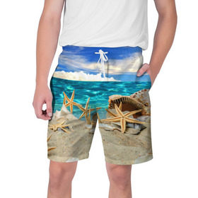 Мужские шорты 3D с принтом Морской пляж 4 в Екатеринбурге,  полиэстер 100% | прямой крой, два кармана без застежек по бокам. Мягкая трикотажная резинка на поясе, внутри которой широкие завязки. Длина чуть выше колен | море | отдых | отпуск | пляж | ракушки | туризм