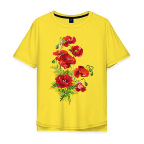 Мужская футболка хлопок Oversize с принтом Маки в Екатеринбурге, 100% хлопок | свободный крой, круглый ворот, “спинка” длиннее передней части | embroidery | flowers | poppies | red | wild | вышивка | красные | маки | полевые | цветы