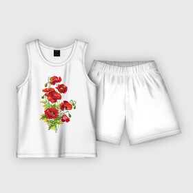 Детская пижама с шортами хлопок с принтом Маки в Екатеринбурге,  |  | embroidery | flowers | poppies | red | wild | вышивка | красные | маки | полевые | цветы