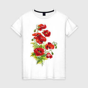 Женская футболка хлопок с принтом Маки в Екатеринбурге, 100% хлопок | прямой крой, круглый вырез горловины, длина до линии бедер, слегка спущенное плечо | embroidery | flowers | poppies | red | wild | вышивка | красные | маки | полевые | цветы