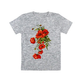 Детская футболка хлопок с принтом Маки в Екатеринбурге, 100% хлопок | круглый вырез горловины, полуприлегающий силуэт, длина до линии бедер | embroidery | flowers | poppies | red | wild | вышивка | красные | маки | полевые | цветы