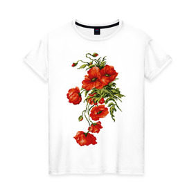 Женская футболка хлопок с принтом Маки в Екатеринбурге, 100% хлопок | прямой крой, круглый вырез горловины, длина до линии бедер, слегка спущенное плечо | embroidery | flowers | poppies | red | wild | вышивка | красные | маки | полевые | цветы