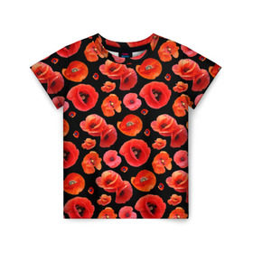 Детская футболка 3D с принтом Маки в Екатеринбурге, 100% гипоаллергенный полиэфир | прямой крой, круглый вырез горловины, длина до линии бедер, чуть спущенное плечо, ткань немного тянется | Тематика изображения на принте: flowers | красные | маки | цветы