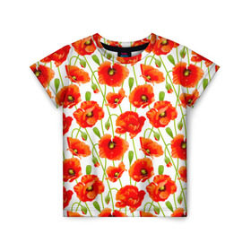 Детская футболка 3D с принтом Маки в Екатеринбурге, 100% гипоаллергенный полиэфир | прямой крой, круглый вырез горловины, длина до линии бедер, чуть спущенное плечо, ткань немного тянется | flowers | красные | маки | паттерн | цветы