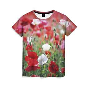 Женская футболка 3D с принтом Маки в Екатеринбурге, 100% полиэфир ( синтетическое хлопкоподобное полотно) | прямой крой, круглый вырез горловины, длина до линии бедер | field | flowers | meadow | poppies | red | white | белые | красные | луг | маки | поле | полевые | цветы