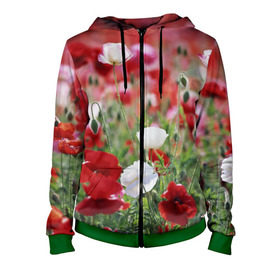 Женская толстовка 3D на молнии с принтом Маки в Екатеринбурге, 100% полиэстер | длина до линии бедра, манжеты и пояс оформлены мягкой тканевой резинкой, двухслойный капюшон со шнурком для регулировки, спереди молния, по бокам два кармана | field | flowers | meadow | poppies | red | white | белые | красные | луг | маки | поле | полевые | цветы