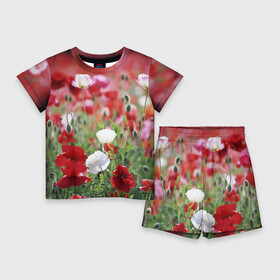 Детский костюм с шортами 3D с принтом Маки в Екатеринбурге,  |  | field | flowers | meadow | poppies | red | white | белые | красные | луг | маки | поле | полевые | цветы