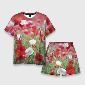 Мужской костюм с шортами 3D с принтом Маки в Екатеринбурге,  |  | field | flowers | meadow | poppies | red | white | белые | красные | луг | маки | поле | полевые | цветы