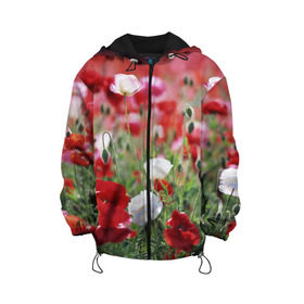 Детская куртка 3D с принтом Маки в Екатеринбурге, 100% полиэстер | застежка — молния, подол и капюшон оформлены резинкой с фиксаторами, по бокам — два кармана без застежек, один потайной карман на груди, плотность верхнего слоя — 90 г/м2; плотность флисового подклада — 260 г/м2 | Тематика изображения на принте: field | flowers | meadow | poppies | red | white | белые | красные | луг | маки | поле | полевые | цветы