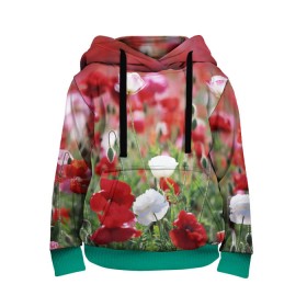 Детская толстовка 3D с принтом Маки в Екатеринбурге, 100% полиэстер | двухслойный капюшон со шнурком для регулировки, мягкие манжеты на рукавах и по низу толстовки, спереди карман-кенгуру с мягким внутренним слоем | field | flowers | meadow | poppies | red | white | белые | красные | луг | маки | поле | полевые | цветы