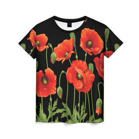 Женская футболка 3D с принтом Маки в Екатеринбурге, 100% полиэфир ( синтетическое хлопкоподобное полотно) | прямой крой, круглый вырез горловины, длина до линии бедер | Тематика изображения на принте: field | flowers | meadow | poppies | red | white | белые | красные | луг | маки | поле | полевые | цветы