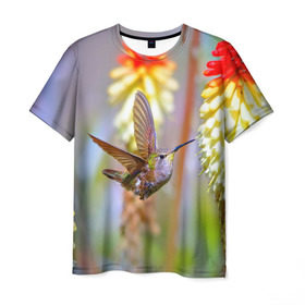Мужская футболка 3D с принтом Колибри в Екатеринбурге, 100% полиэфир | прямой крой, круглый вырез горловины, длина до линии бедер | лепесток | новая | природа | птичка | цветок | яркая