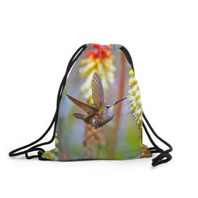 Рюкзак-мешок 3D с принтом Колибри в Екатеринбурге, 100% полиэстер | плотность ткани — 200 г/м2, размер — 35 х 45 см; лямки — толстые шнурки, застежка на шнуровке, без карманов и подкладки | лепесток | новая | природа | птичка | цветок | яркая