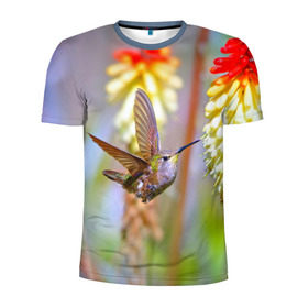 Мужская футболка 3D спортивная с принтом Колибри в Екатеринбурге, 100% полиэстер с улучшенными характеристиками | приталенный силуэт, круглая горловина, широкие плечи, сужается к линии бедра | лепесток | новая | природа | птичка | цветок | яркая