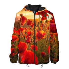 Мужская куртка 3D с принтом Маки в Екатеринбурге, ткань верха — 100% полиэстер, подклад — флис | прямой крой, подол и капюшон оформлены резинкой с фиксаторами, два кармана без застежек по бокам, один большой потайной карман на груди. Карман на груди застегивается на липучку | field | flowers | meadow | nature | poppies | red | sky | summer | sun | sunset | wild | закат | красные | лето | луг | маки | небо | поле | полевые | природа | солнце | цветы