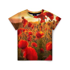 Детская футболка 3D с принтом Маки в Екатеринбурге, 100% гипоаллергенный полиэфир | прямой крой, круглый вырез горловины, длина до линии бедер, чуть спущенное плечо, ткань немного тянется | Тематика изображения на принте: field | flowers | meadow | nature | poppies | red | sky | summer | sun | sunset | wild | закат | красные | лето | луг | маки | небо | поле | полевые | природа | солнце | цветы