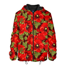 Мужская куртка 3D с принтом Маки в Екатеринбурге, ткань верха — 100% полиэстер, подклад — флис | прямой крой, подол и капюшон оформлены резинкой с фиксаторами, два кармана без застежек по бокам, один большой потайной карман на груди. Карман на груди застегивается на липучку | Тематика изображения на принте: flowers | poppies | red | wild | красные | мак | маки | полевые | цветы