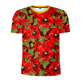 Мужская футболка 3D спортивная с принтом Маки в Екатеринбурге, 100% полиэстер с улучшенными характеристиками | приталенный силуэт, круглая горловина, широкие плечи, сужается к линии бедра | flowers | poppies | red | wild | красные | мак | маки | полевые | цветы
