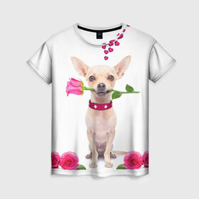 Женская футболка 3D с принтом С Любовью в Екатеринбурге, 100% полиэфир ( синтетическое хлопкоподобное полотно) | прямой крой, круглый вырез горловины, длина до линии бедер | любовь | милый | подарок | прикол | розы | собака | цветы | щенок