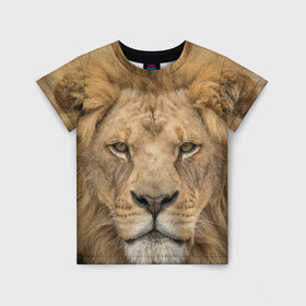 Детская футболка 3D с принтом Лев в Екатеринбурге, 100% гипоаллергенный полиэфир | прямой крой, круглый вырез горловины, длина до линии бедер, чуть спущенное плечо, ткань немного тянется | грива | джунгли | животные | зверь | король | кровь | лев | охотник | хищник | царь