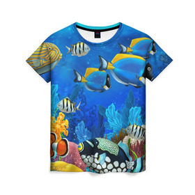Женская футболка 3D с принтом Экзотические рыбки в Екатеринбурге, 100% полиэфир ( синтетическое хлопкоподобное полотно) | прямой крой, круглый вырез горловины, длина до линии бедер | животые | красочные | морские | рыбки | цветные | экзотические