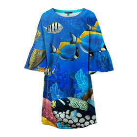 Детское платье 3D с принтом Экзотические рыбки в Екатеринбурге, 100% полиэстер | прямой силуэт, чуть расширенный к низу. Круглая горловина, на рукавах — воланы | животые | красочные | морские | рыбки | цветные | экзотические