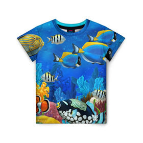 Детская футболка 3D с принтом Экзотические рыбки в Екатеринбурге, 100% гипоаллергенный полиэфир | прямой крой, круглый вырез горловины, длина до линии бедер, чуть спущенное плечо, ткань немного тянется | животые | красочные | морские | рыбки | цветные | экзотические