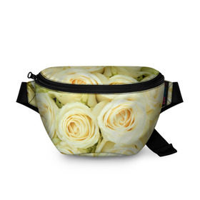 Поясная сумка 3D с принтом Белые розы в Екатеринбурге, 100% полиэстер | плотная ткань, ремень с регулируемой длиной, внутри несколько карманов для мелочей, основное отделение и карман с обратной стороны сумки застегиваются на молнию | лепестки | розы | цветы