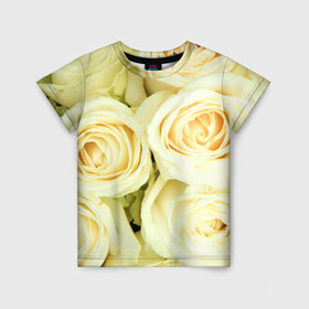Детская футболка 3D с принтом Белые розы в Екатеринбурге, 100% гипоаллергенный полиэфир | прямой крой, круглый вырез горловины, длина до линии бедер, чуть спущенное плечо, ткань немного тянется | лепестки | розы | цветы