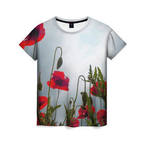 Женская футболка 3D с принтом Маки 4 в Екатеринбурге, 100% полиэфир ( синтетическое хлопкоподобное полотно) | прямой крой, круглый вырез горловины, длина до линии бедер | цветы