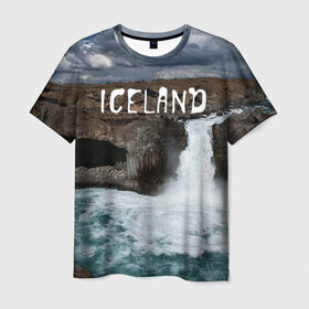 Мужская футболка 3D с принтом Исландия. Водопад в Екатеринбурге, 100% полиэфир | прямой крой, круглый вырез горловины, длина до линии бедер | исландия
