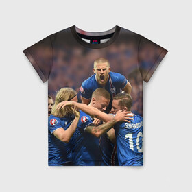 Детская футболка 3D с принтом Сборная Исландии по футболу в Екатеринбурге, 100% гипоаллергенный полиэфир | прямой крой, круглый вырез горловины, длина до линии бедер, чуть спущенное плечо, ткань немного тянется | euro 2016