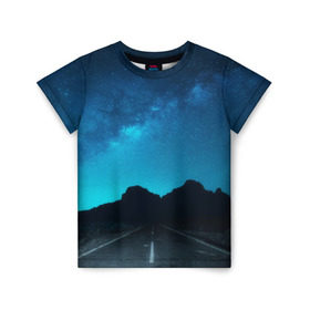 Детская футболка 3D с принтом Дорога под чистым небом в Екатеринбурге, 100% гипоаллергенный полиэфир | прямой крой, круглый вырез горловины, длина до линии бедер, чуть спущенное плечо, ткань немного тянется | osfenemy | горы | дорога | звезды | космос | красиво | небо | пейзаж | путь | черный | чудо