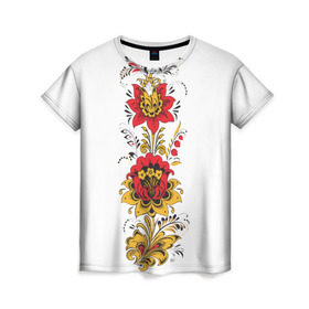 Женская футболка 3D с принтом Хохлома 2 в Екатеринбурге, 100% полиэфир ( синтетическое хлопкоподобное полотно) | прямой крой, круглый вырез горловины, длина до линии бедер | ветки | лента | лист | народное | россия | русское | узор