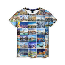 Женская футболка 3D с принтом Страны мира (9х9) в Екатеринбурге, 100% полиэфир ( синтетическое хлопкоподобное полотно) | прямой крой, круглый вырез горловины, длина до линии бедер | Тематика изображения на принте: азия | берлин | вегас | венеция | воспоминания | города | достопримечательности | европа | египет | калифорния | каникулы | лондон | милан | москва | ностальгия | нью йорк | отдых | отпуск | память