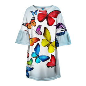 Детское платье 3D с принтом Butterflies в Екатеринбурге, 100% полиэстер | прямой силуэт, чуть расширенный к низу. Круглая горловина, на рукавах — воланы | Тематика изображения на принте: бабочки | белый | картинка | лето | природа | рисунок | розовый | цвета