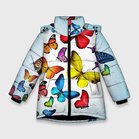 Зимняя куртка для девочек 3D с принтом Butterflies в Екатеринбурге, ткань верха — 100% полиэстер; подклад — 100% полиэстер, утеплитель — 100% полиэстер. | длина ниже бедра, удлиненная спинка, воротник стойка и отстегивающийся капюшон. Есть боковые карманы с листочкой на кнопках, утяжки по низу изделия и внутренний карман на молнии. 

Предусмотрены светоотражающий принт на спинке, радужный светоотражающий элемент на пуллере молнии и на резинке для утяжки. | бабочки | белый | картинка | лето | природа | рисунок | розовый | цвета