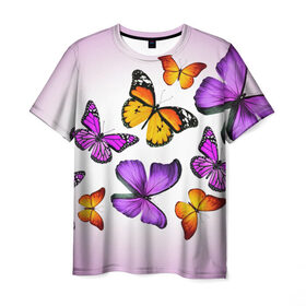 Мужская футболка 3D с принтом Butterflies в Екатеринбурге, 100% полиэфир | прямой крой, круглый вырез горловины, длина до линии бедер | бабочки | белый | картинка | лето | природа | рисунок | розовый | цвета