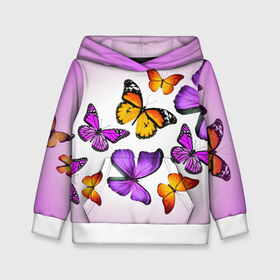 Детская толстовка 3D с принтом Butterflies в Екатеринбурге, 100% полиэстер | двухслойный капюшон со шнурком для регулировки, мягкие манжеты на рукавах и по низу толстовки, спереди карман-кенгуру с мягким внутренним слоем | бабочки | белый | картинка | лето | природа | рисунок | розовый | цвета