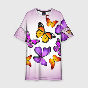 Детское платье 3D с принтом Butterflies в Екатеринбурге, 100% полиэстер | прямой силуэт, чуть расширенный к низу. Круглая горловина, на рукавах — воланы | Тематика изображения на принте: бабочки | белый | картинка | лето | природа | рисунок | розовый | цвета