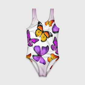 Детский купальник 3D с принтом Butterflies в Екатеринбурге, Полиэстер 85%, Спандекс 15% | Слитный крой, подклад по переду изделия, узкие бретели | Тематика изображения на принте: бабочки | белый | картинка | лето | природа | рисунок | розовый | цвета