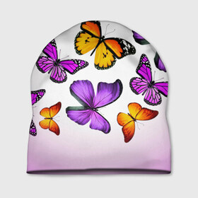 Шапка 3D с принтом Butterflies в Екатеринбурге, 100% полиэстер | универсальный размер, печать по всей поверхности изделия | Тематика изображения на принте: бабочки | белый | картинка | лето | природа | рисунок | розовый | цвета