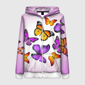 Женская толстовка 3D на молнии с принтом Butterflies в Екатеринбурге, 100% полиэстер | длина до линии бедра, манжеты и пояс оформлены мягкой тканевой резинкой, двухслойный капюшон со шнурком для регулировки, спереди молния, по бокам два кармана | бабочки | белый | картинка | лето | природа | рисунок | розовый | цвета