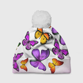 Шапка 3D c помпоном с принтом Butterflies в Екатеринбурге, 100% полиэстер | универсальный размер, печать по всей поверхности изделия | бабочки | белый | картинка | лето | природа | рисунок | розовый | цвета